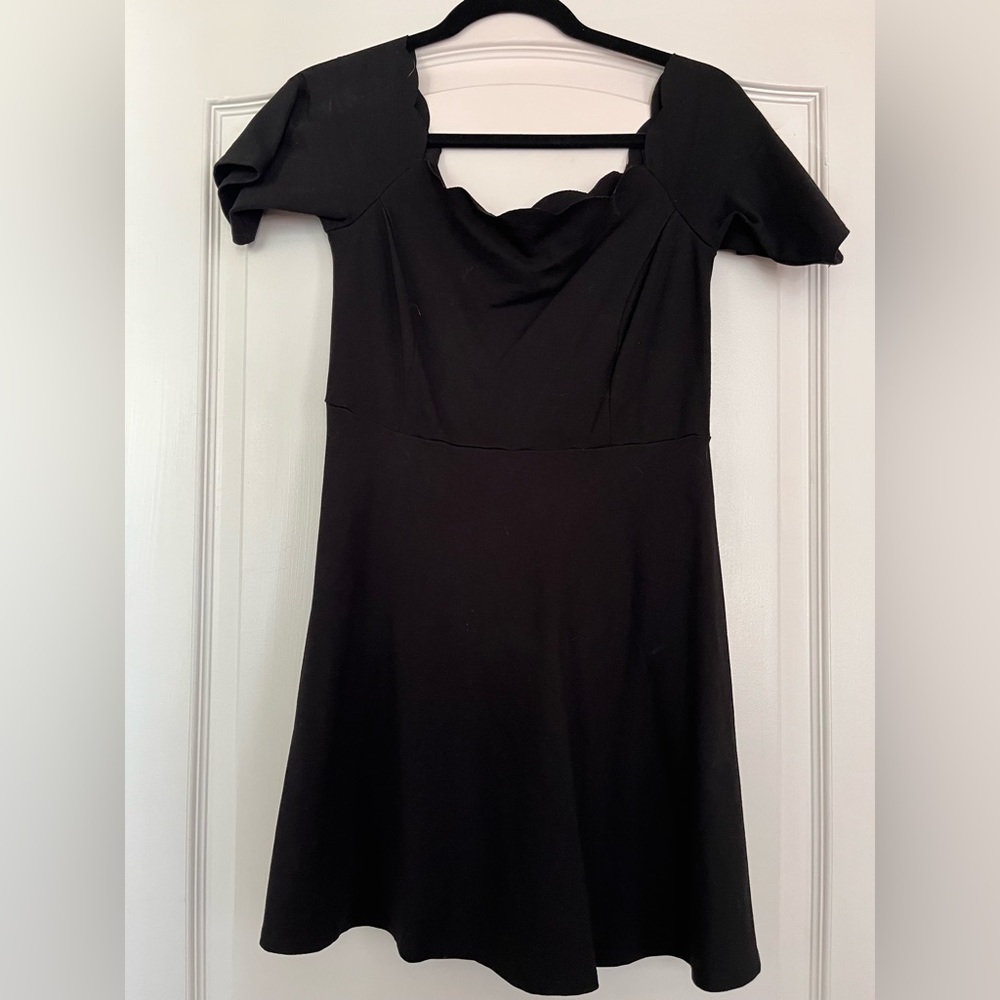 Black, scalloped off the shoulder mini dress